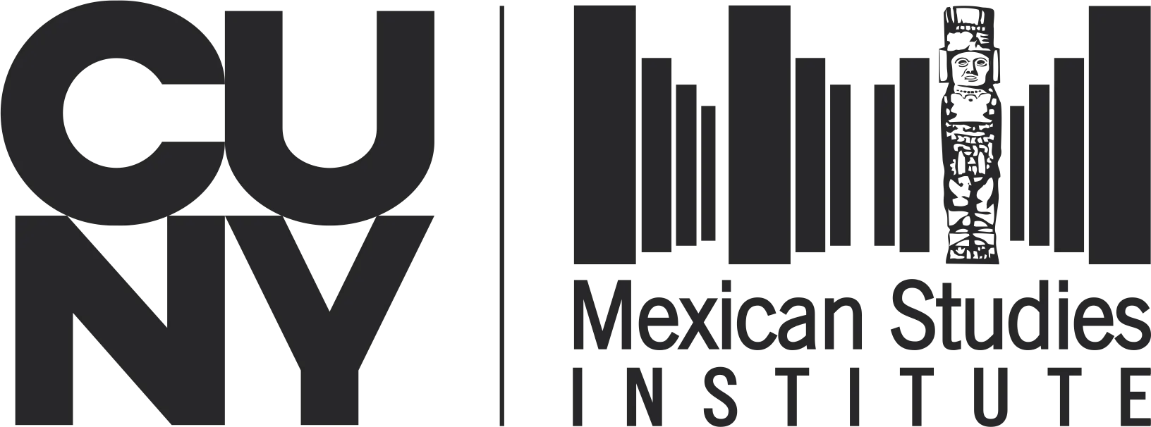 Logo for CUNY Mexican Studies Institute featuring CUNY in large letters, stylized horizontal bars resembling steps, and a central column with an Aztec motif all in black and white.