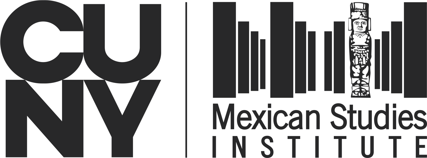 Logo for CUNY Mexican Studies Institute featuring CUNY in large letters, stylized horizontal bars resembling steps, and a central column with an Aztec motif all in black and white.