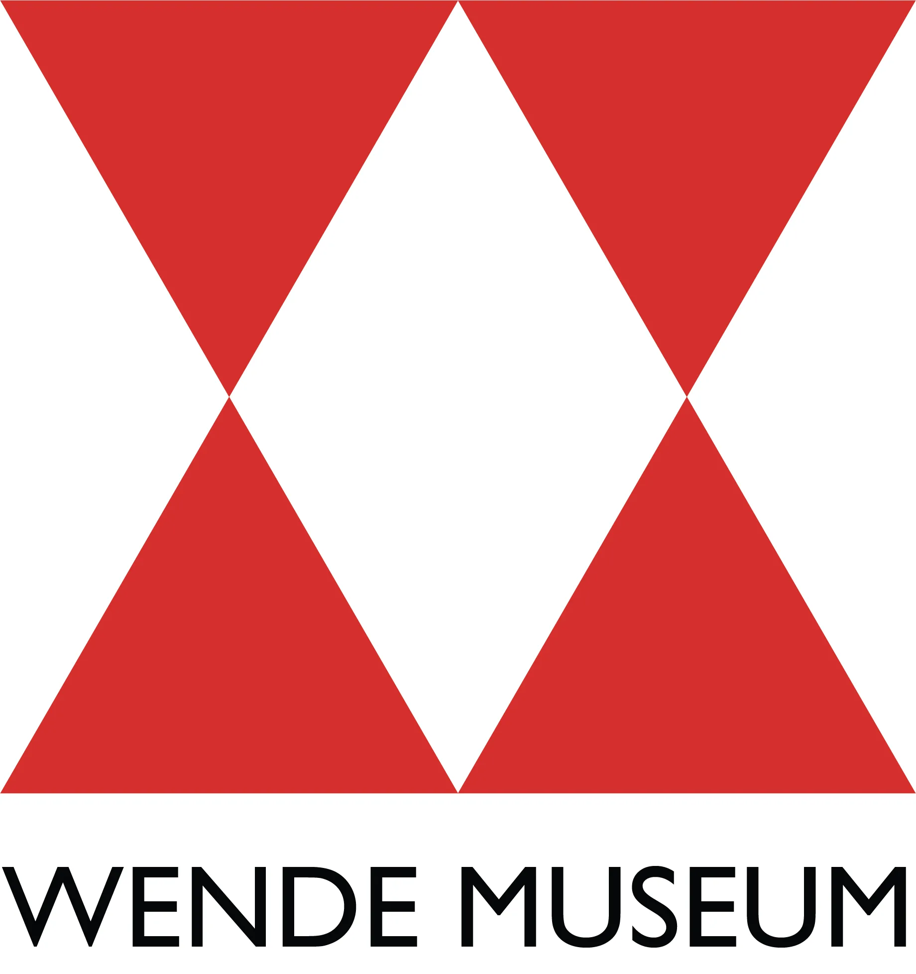 Red geometric shapes resembling triangles and diamonds form an abstract design above the words Wende Museum in black capital letters. The background is white.