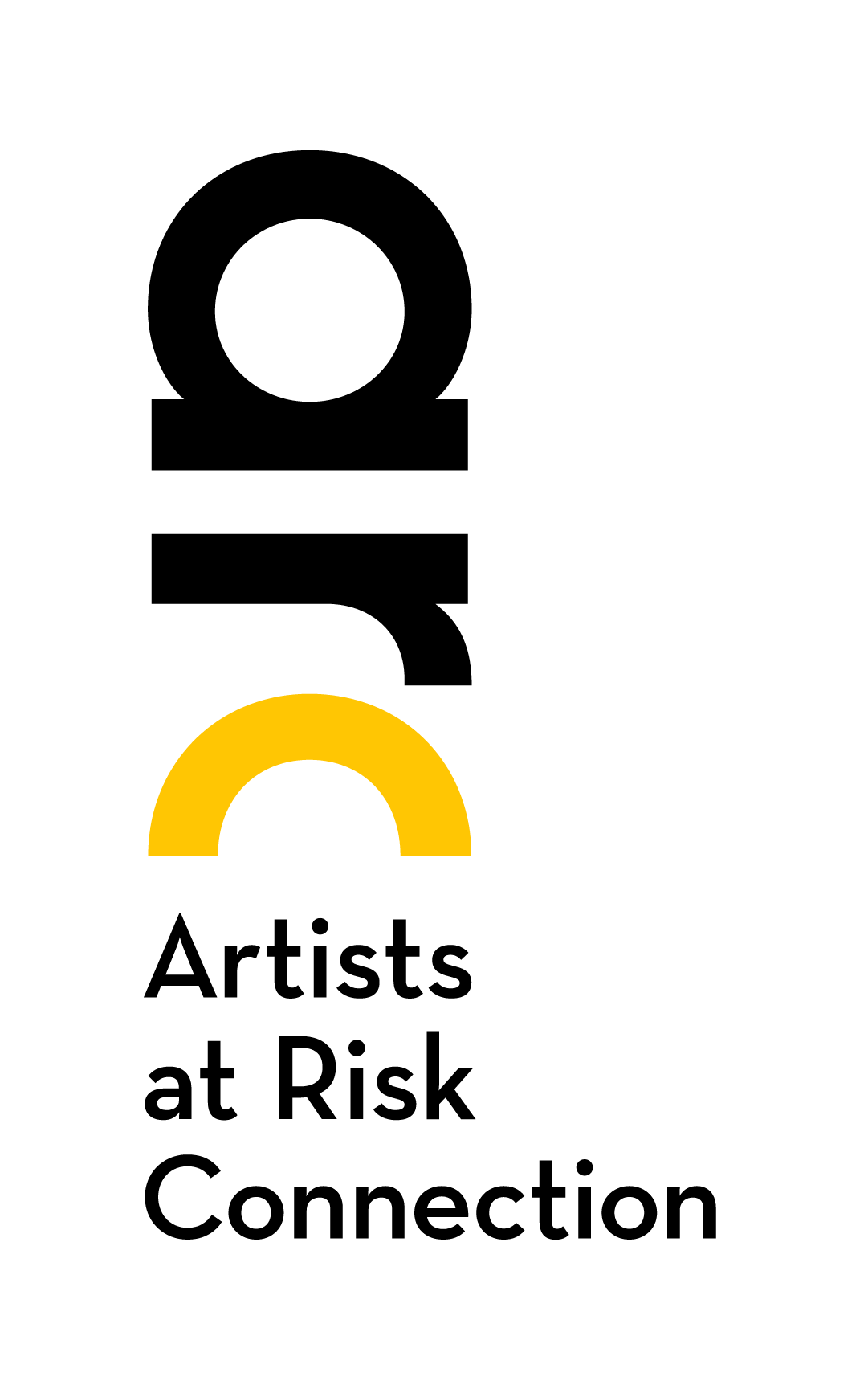 Logo for Artists at Risk Connection. It features the acronym arc in large black and yellow letters, with the words Artists at Risk Connection written vertically beneath it.