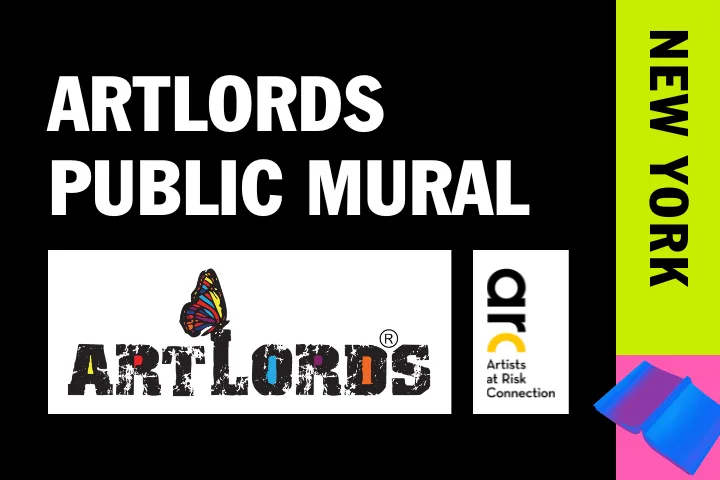Text reading “Artlords Public Mural” in bold white letters on black. Below, a logo with a butterfly and the word “Artlords.” On the right, the words “New York” in a yellow and pink gradient with blue accents.