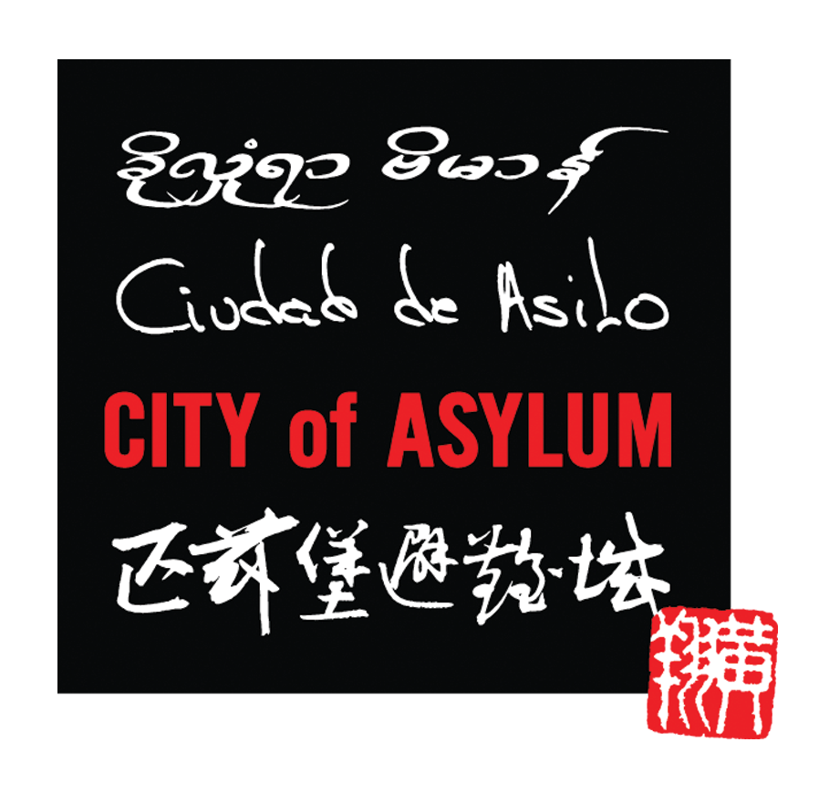 Text in various languages reads City of Asylum, with different scripts including Latin, Burmese, and Chinese. The words City of Asylum are prominently in bold red. A red, abstract seal design is at the bottom right. The background is black.