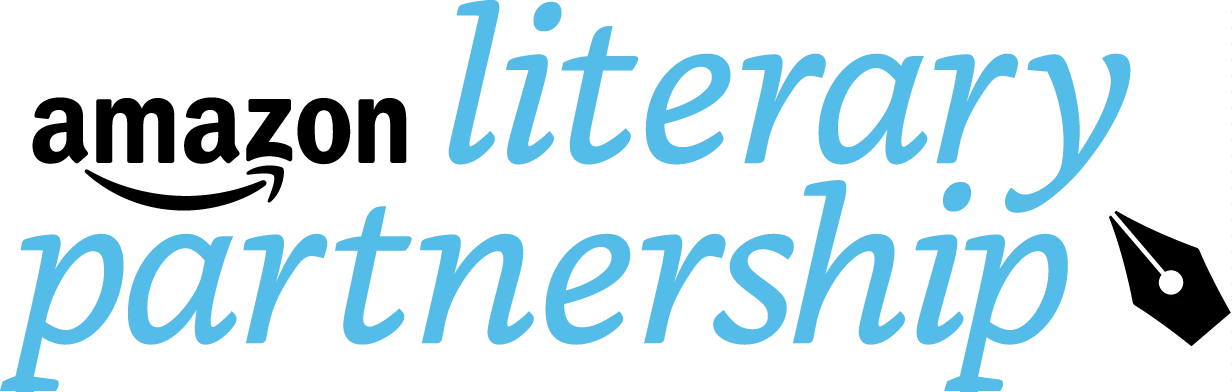 Blue text on a transparent background reads literary partnership in a lowercase, italic font.