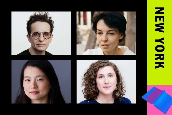 A grid of four headshots featuring two men and two women against various backgrounds, with a bright vertical bar on the right reading NEW YORK and colorful abstract shapes at the bottom.