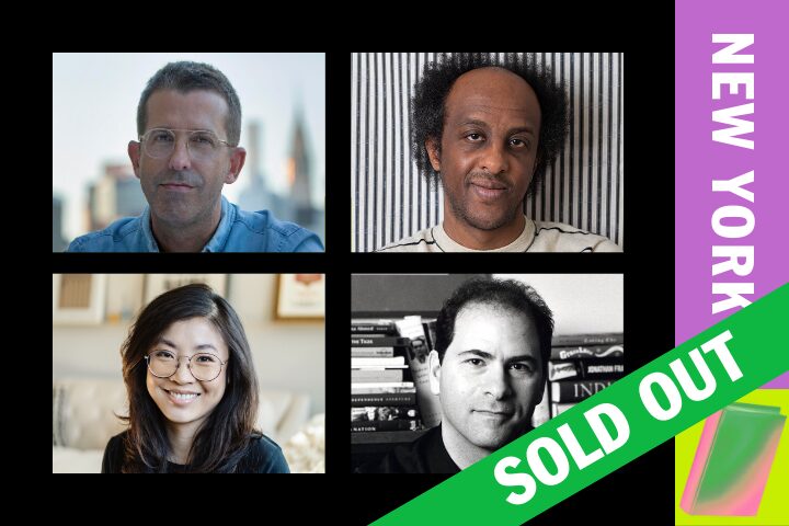 A collage of four headshots, three men and one woman, on a black background. “NEW YORK” is written vertically on a purple bar at the right. A green banner reading “SOLD OUT” crosses the lower right corner.