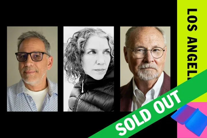 Three portraits side by side: a man with glasses, a woman with curly hair in a black jacket, and an older man with glasses and a beard. A green SOLD OUT banner and LOS ANGELES text appear on the right.