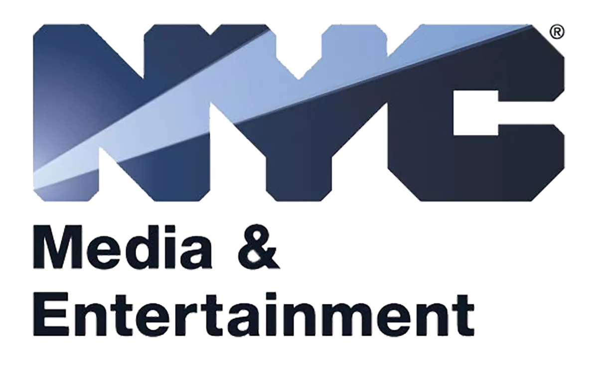 Logo of NYC Media & Entertainment featuring bold blue and dark gray letters with a stylized diagonal stripe across the NYC text.