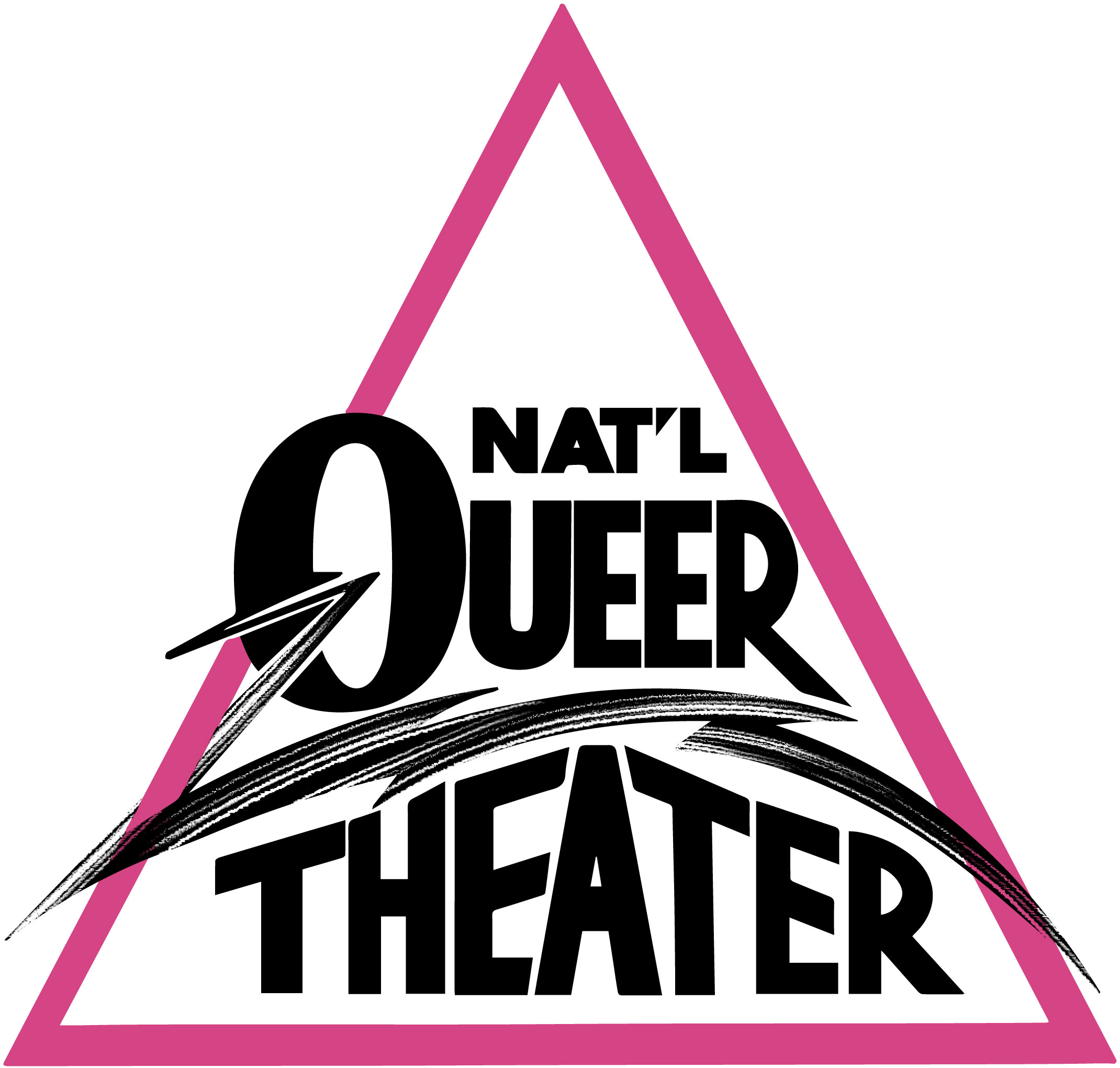 Logo of Natl Queer Theater with bold black text inside a pink triangle. The words QUEER and THEATER feature dynamic black brushstrokes.