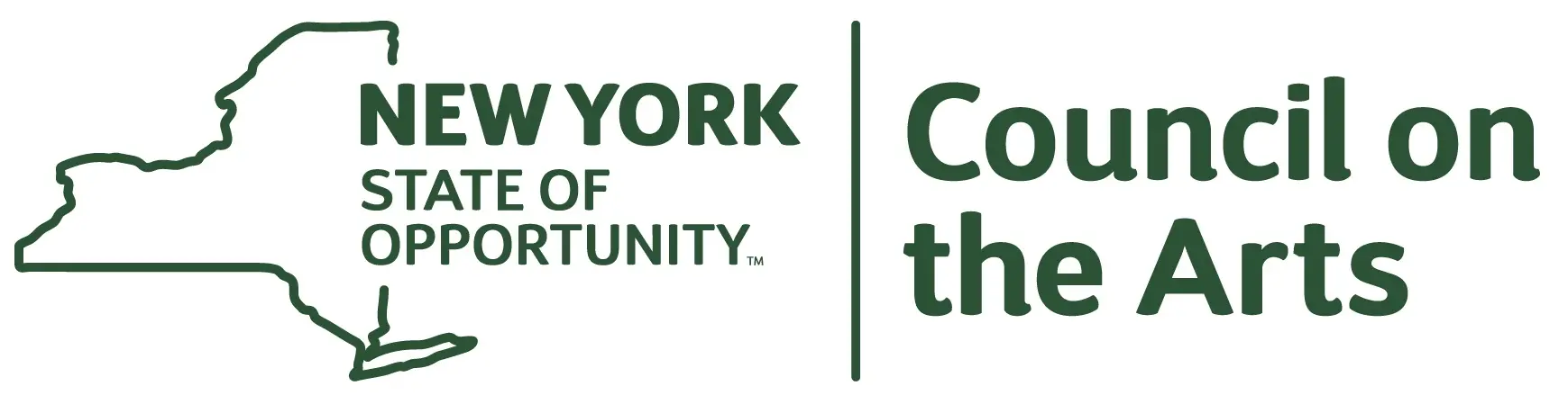 Logo of the New York Council on the Arts featuring a green outline of New York State. Text reads NEW YORK STATE OF OPPORTUNITY with Council on the Arts to the right.