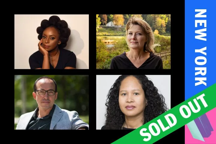 A collage of four author portraits in a grid, with NEW YORK in bold white text on a blue vertical bar at the side, and a green SOLD OUT banner across the bottom right corner.