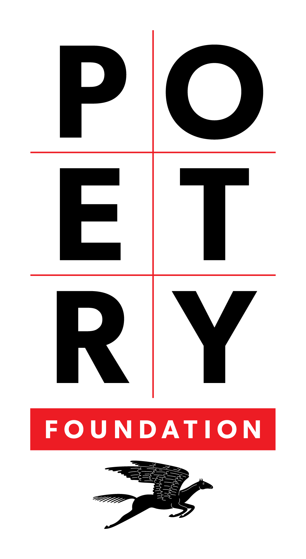 The Poetry Foundation logo featuring the word POETRY in bold black letters divided by red lines, with FOUNDATION in white letters on a red rectangle below and a black Pegasus graphic at the bottom.