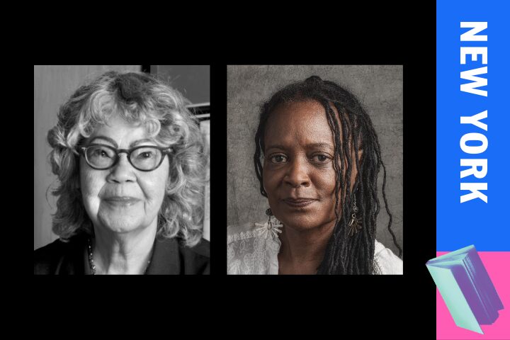 Two women are in side-by-side portraits. The woman on the left has curly hair and glasses, while the one on the right has long, braided hair. The background is black, with a vertical blue stripe on the right featuring New York and illustrated books at the bottom.