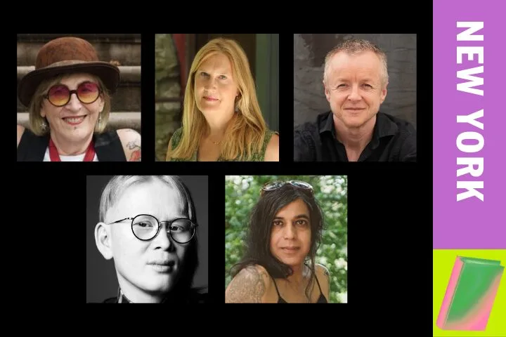 A collage of five people’s portraits arranged in two rows, with a vertical pink and purple sidebar on the right displaying the text “NEW YORK” and a green and pink geometric shape at the bottom.