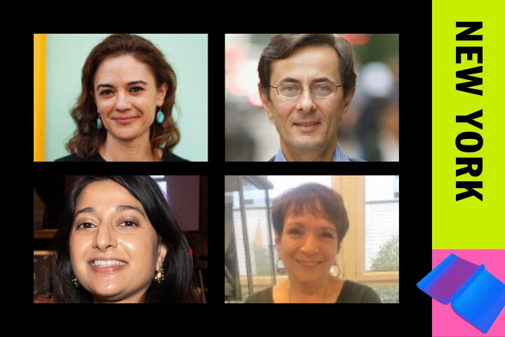 A collage of four headshots of diverse adults, two women and two men, arranged in a grid against a black background. To the right, a bright yellow column says NEW YORK vertically, with a blue and pink folded shape below.