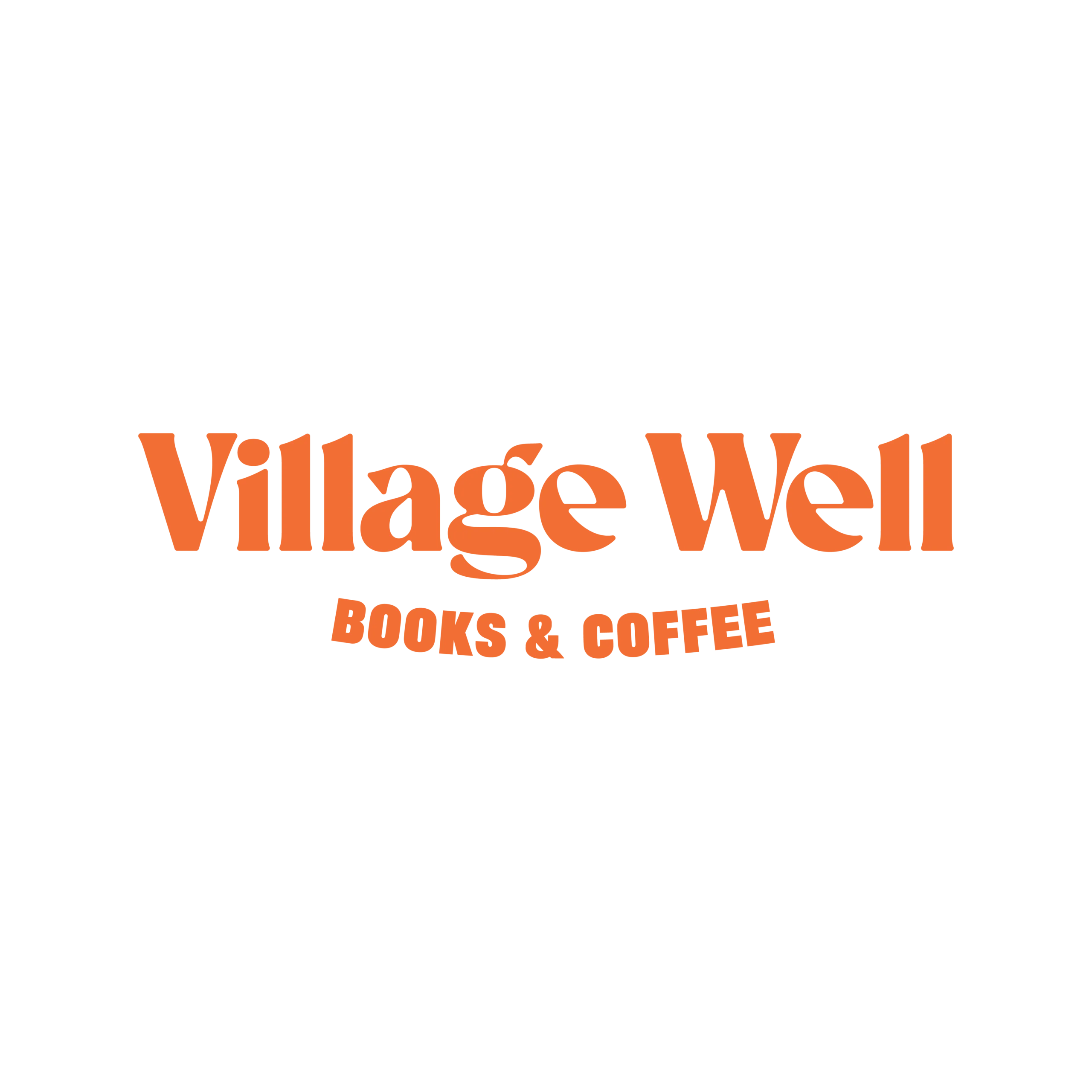 Orange text on a black background reads Village Well in large letters, with BOOKS & COFFEE in smaller, curved text beneath it.