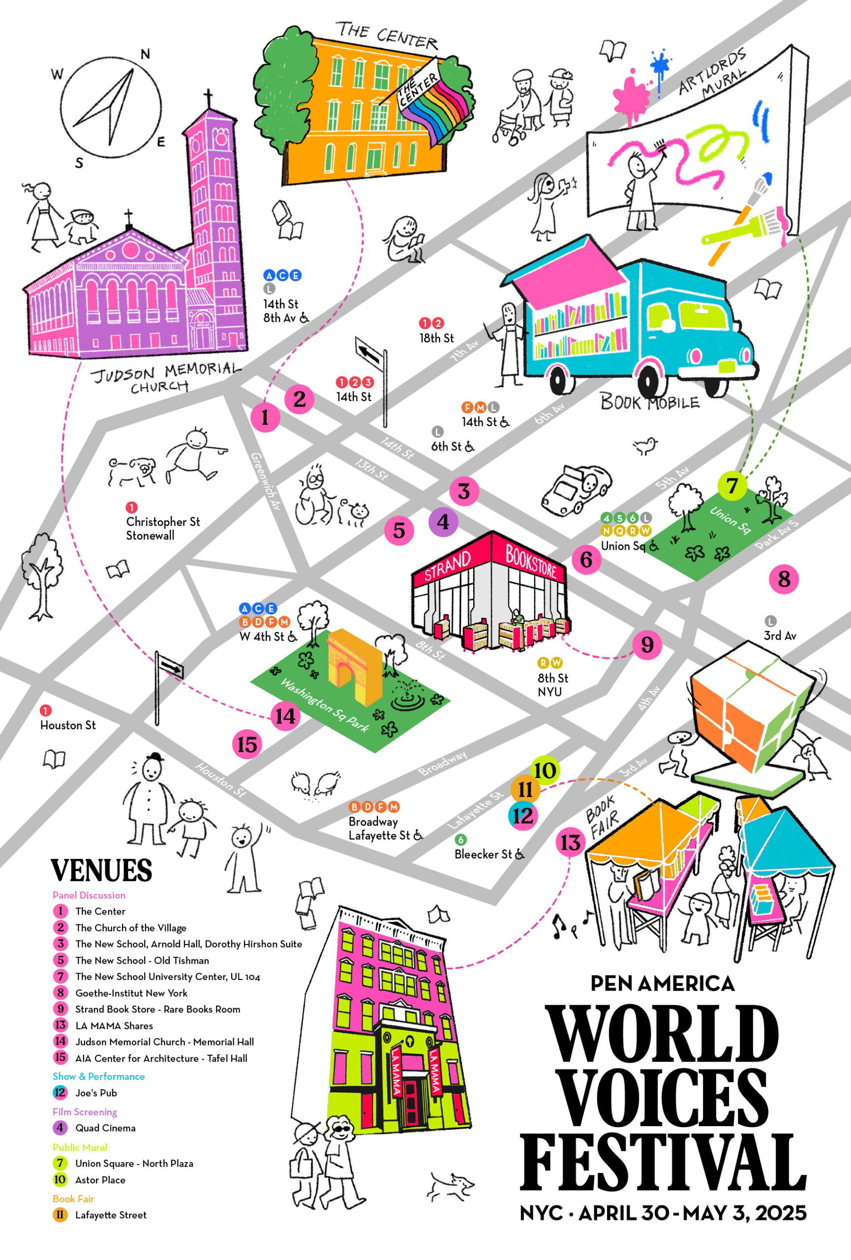 Colorful illustrated map of the PEN America World Voices Festival 2025 in NYC. Key venues, streets, festival booths, musicians, and bookstands are marked, with cartoon people walking, biking, and engaging with various attractions.