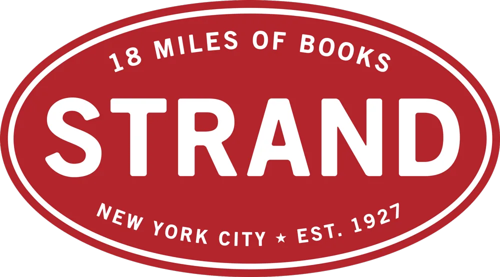 A red oval logo with white text. The center reads STRAND in large letters. Above it: 18 Miles of Books. Below: New York City * Est. 1927.