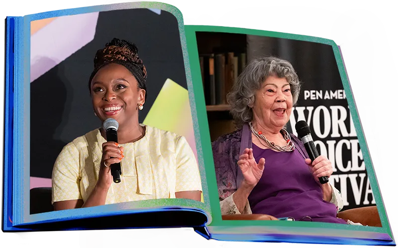 Two women speak into microphones at a book literary festival event. The image is framed by an open book—one woman smiles in a light yellow dress, while the other, in a purple top, gestures as she speaks.