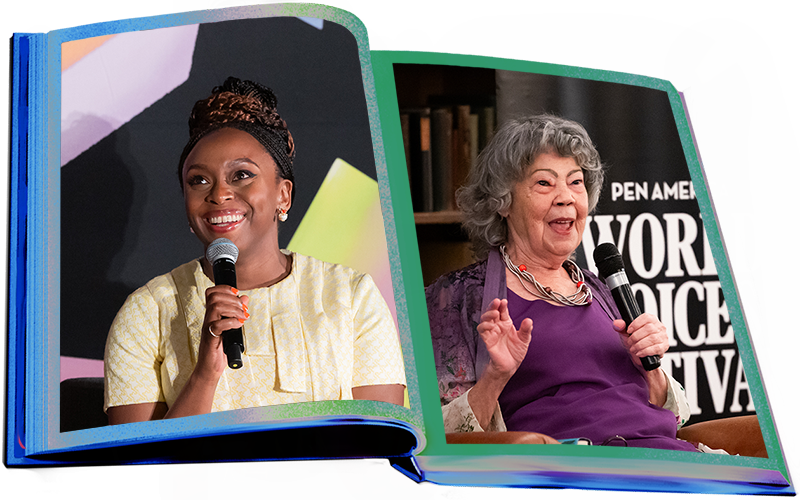 Two women speak into microphones at a book literary festival event. The image is framed by an open book—one woman smiles in a light yellow dress, while the other, in a purple top, gestures as she speaks.