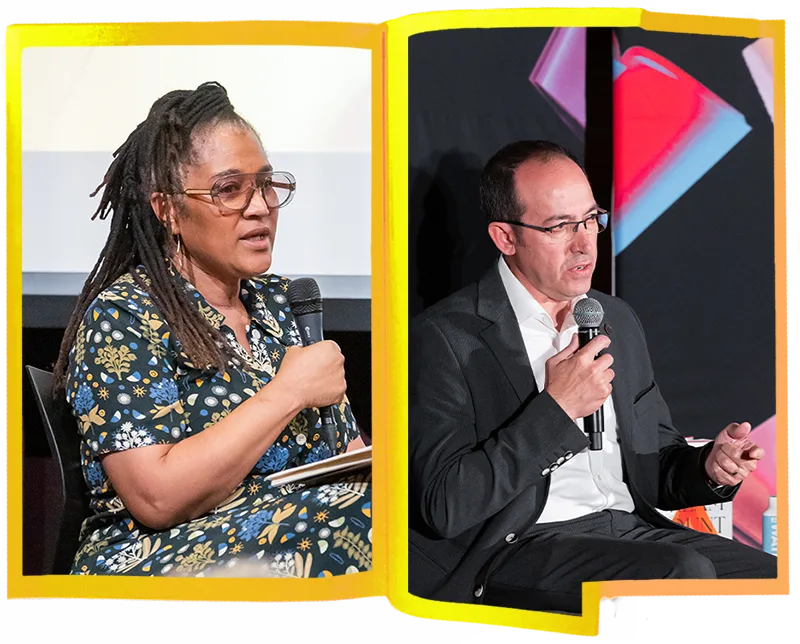 A woman in a floral dress and glasses and a man in a suit hold microphones while speaking at a book literary festival, each framed separately with a yellow border.