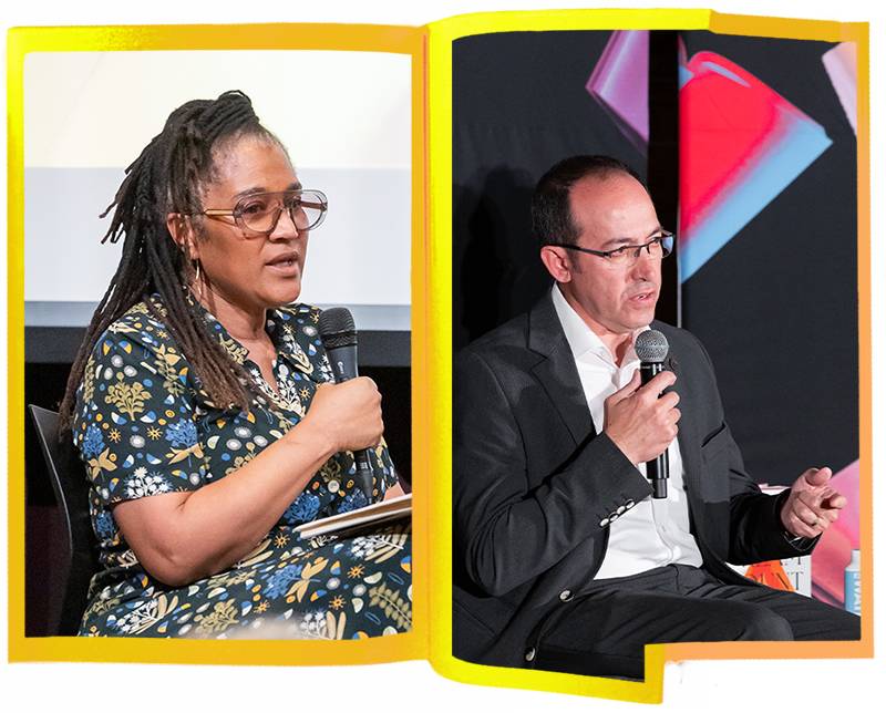 A woman in a floral dress and glasses and a man in a suit hold microphones while speaking at a book literary festival, each framed separately with a yellow border.