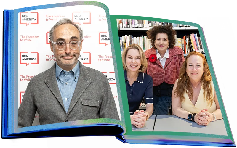 A man stands in front of a PEN America backdrop, and three smiling women pose together at a table in a library, capturing the spirit of a book literary festival. Both images appear inside an illustrated open book.