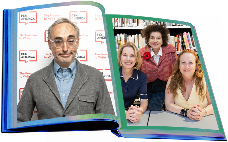 A man stands in front of a PEN America backdrop, and three smiling women pose together at a table in a library, capturing the spirit of a book literary festival. Both images appear inside an illustrated open book.
